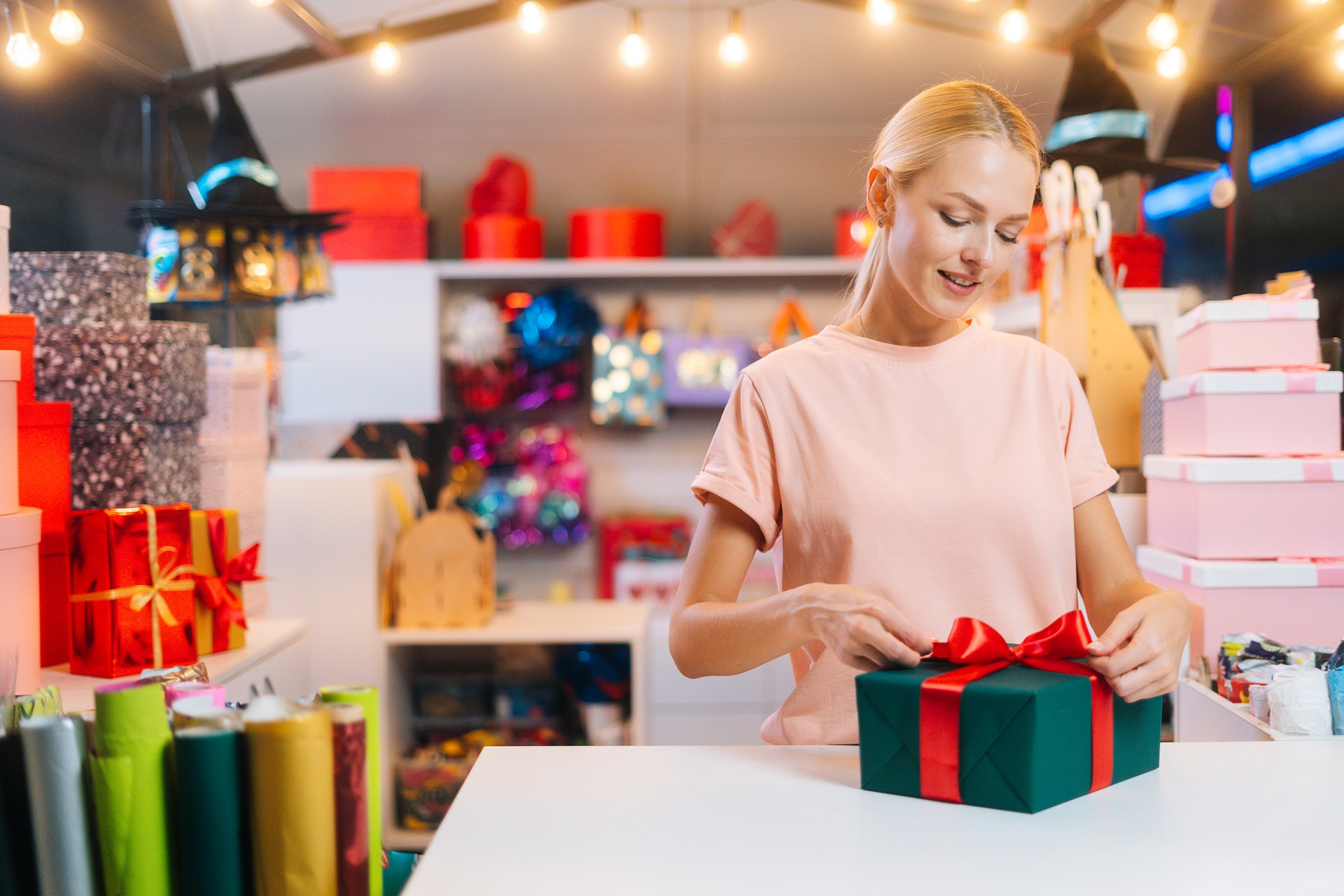 Medium shot portrait of young woman seller wrapping Christmas gift box tying red ribbon and decorating beautiful bow at counter of holiday store.